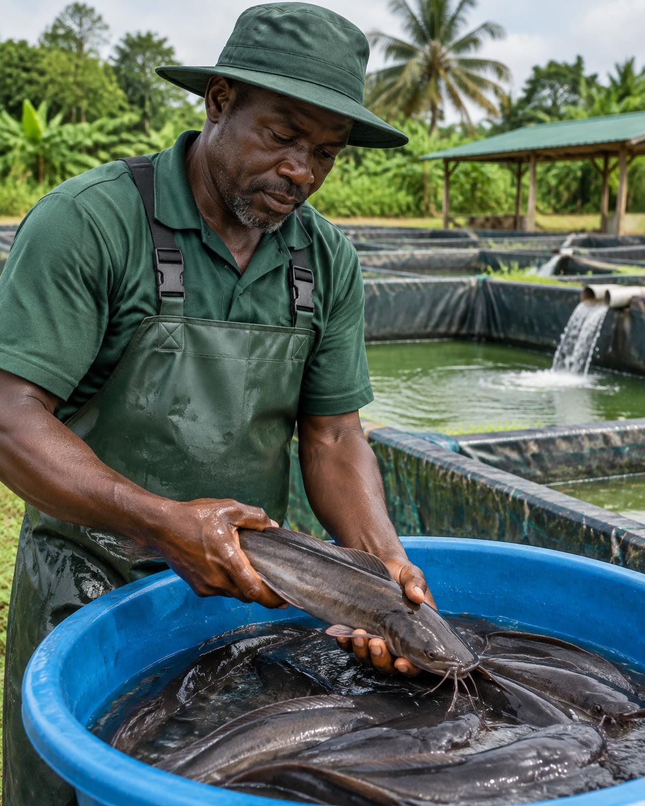 Catfish farmer inspecting healthy stock