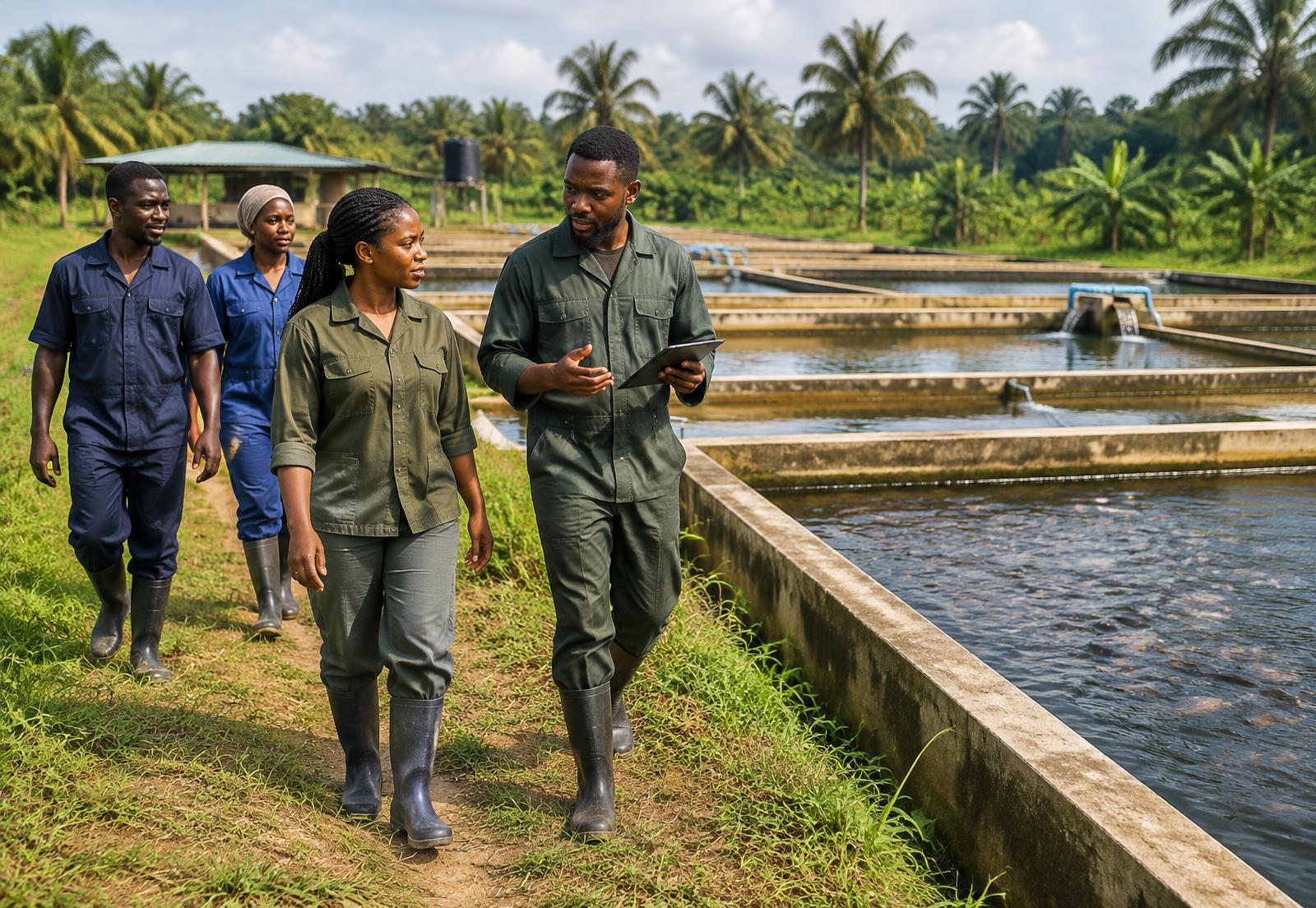 Nigerian agricultural professionals walking beside catfish ponds