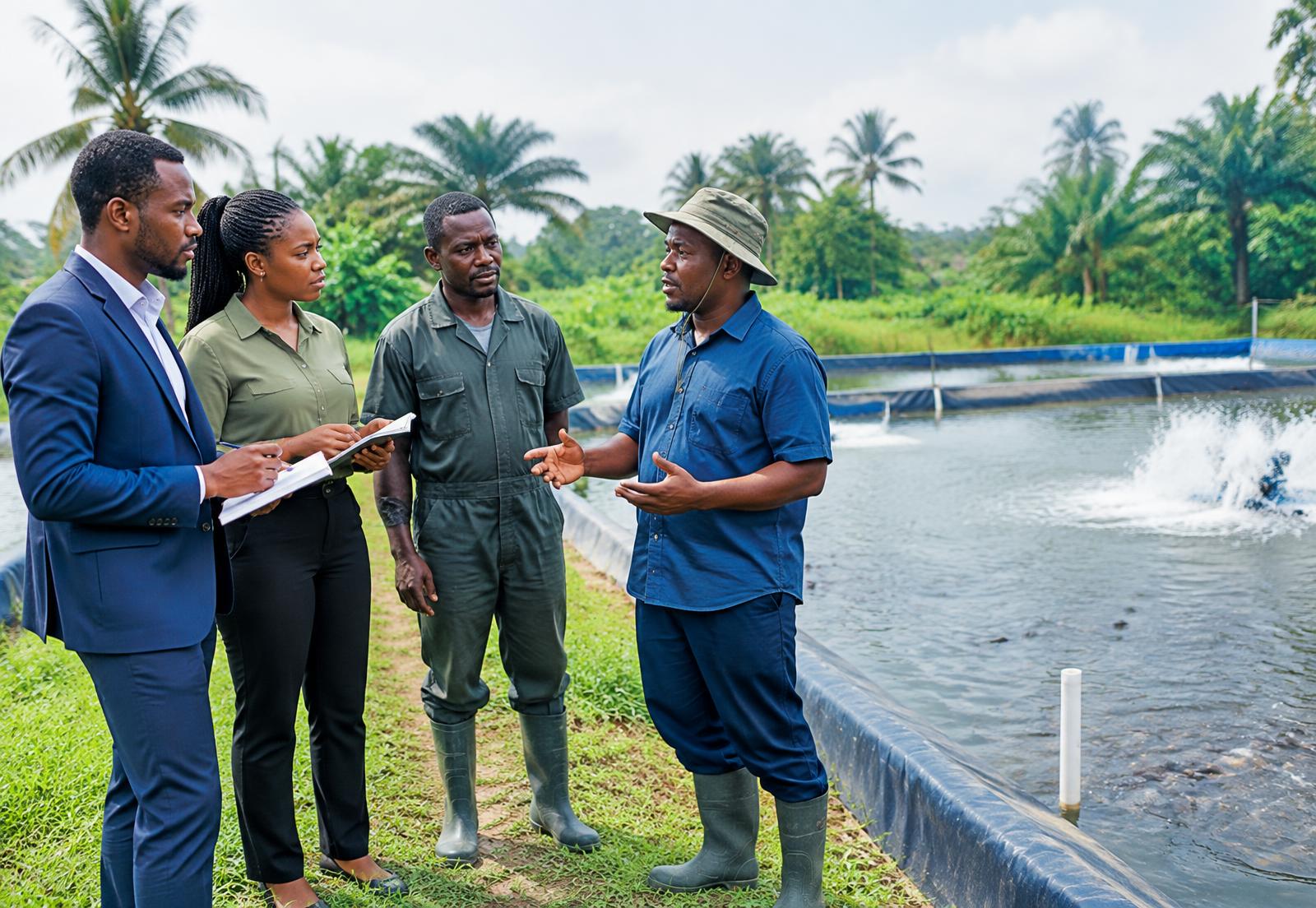Nigerian agricultural professionals in discussion at a fish farm