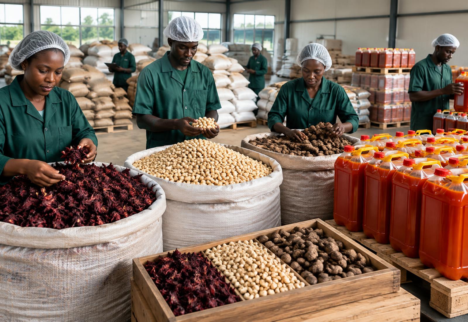 Nigerian workers preparing hibiscus, cashew, bitter kola and palm oil